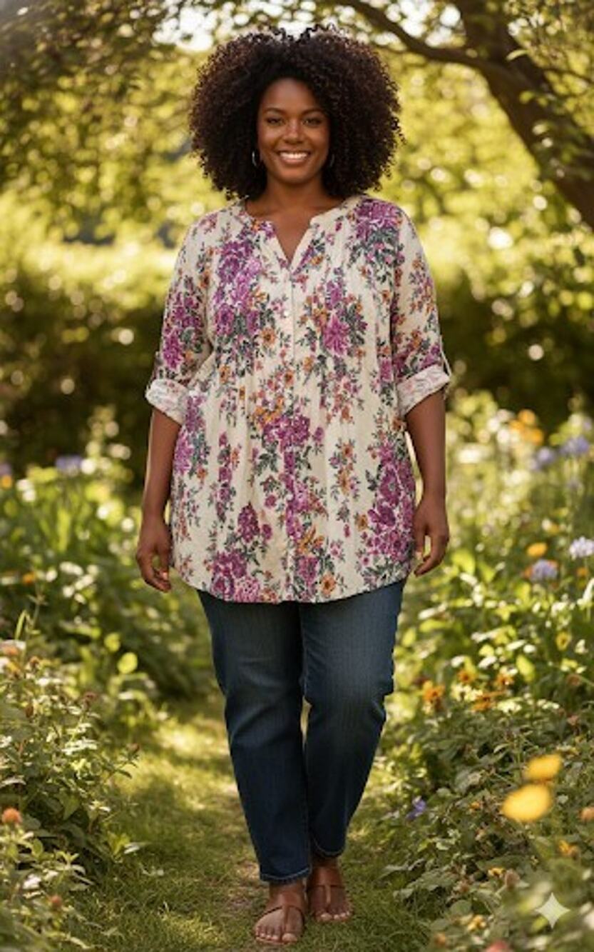 Roaman’s 30W Tunic Top 100% Cotton Floral Boho Pintuck Button Up Plus Size 5X